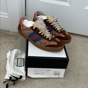 Men’s Gucci Brown GG Canvas Sneakers with Blue & Red Stripes